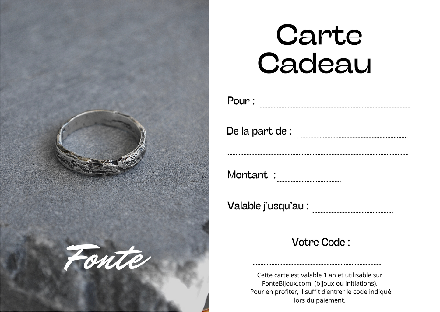 Carte cadeau fonte bijoux, à compléter. Carte cadeau pour anniversaire, noel , occasion, carte cadeau pour homme, carte cadeau pour femme