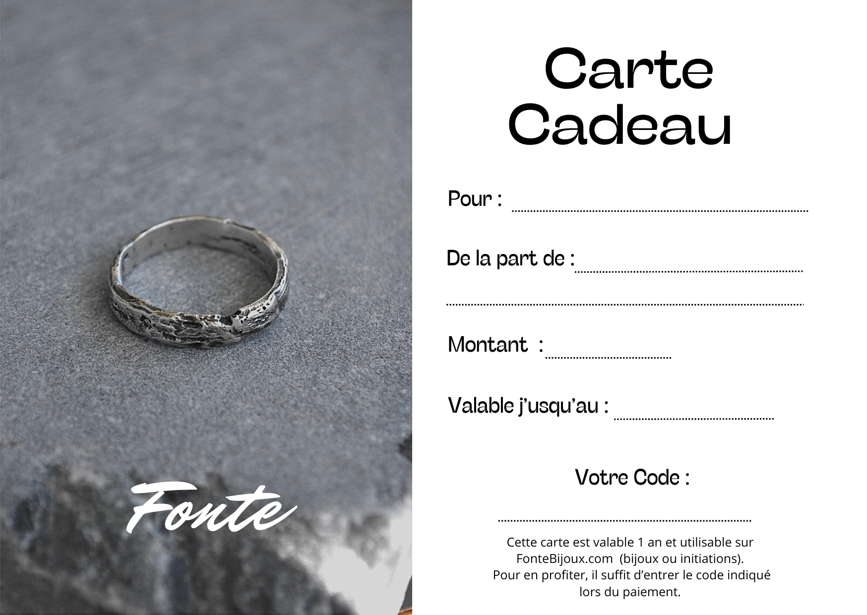 Carte cadeau fonte bijoux, à compléter. Carte cadeau pour anniversaire, noel , occasion, carte cadeau pour homme, carte cadeau pour femme 